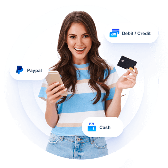Girl with phone and card in hand