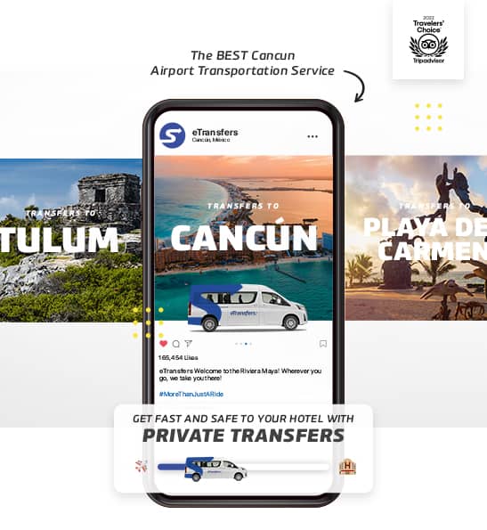 Banner about a Cancun airport transportation service that includes pictures of etransfers clients, there are smiling families holding the etransfers logo.