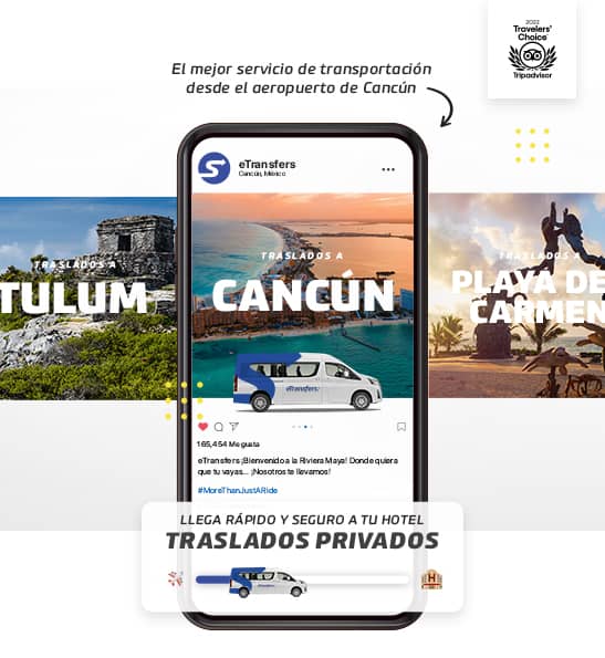 Banner sobre un servicio de transporte al aeropuerto de Cancún que incluye fotos de clientes de etransfers, hay familias sonrientes sosteniendo el logo de etransfers.